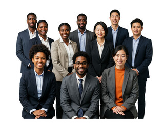 Diverse group of smiling business professionals standing and sitting together in a studio isolated on transparent background