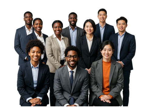 Diverse group of smiling business professionals standing and sitting together in a studio isolated on transparent background
