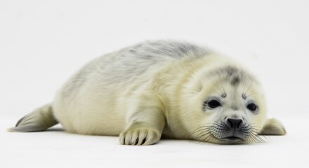 Obraz premium 白い背景で眠る可愛い子アザラシ 柔らかな光が輝く毛並み. AI Generated
