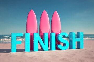 FINISH stands on a beach behind three pink surfboards Ocean waves and a clear sky are visible in the background