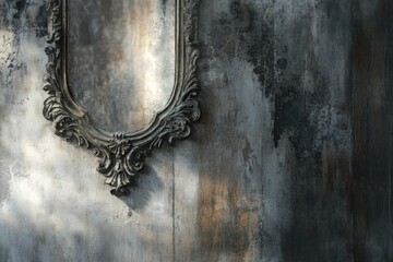 Ornate antique mirror with dark grey frame on a rustic textured wall.