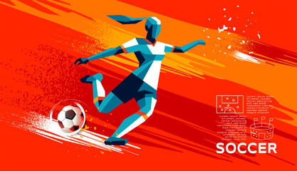 Geometric Vector of Female Soccer Player in Action with Abstract Brush Background – Minimalist Sports Illustration