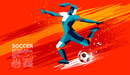 Geometric Vector of Female Soccer Player in Action with Abstract Brush Background – Minimalist Sports Illustration