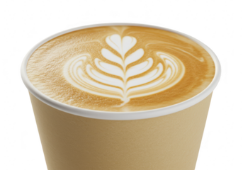 A closeup of a paper cup filled with latte coffee featuring intricate latte art isolated on transparent background