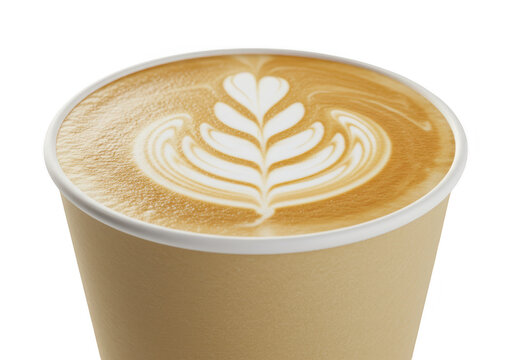 A closeup of a paper cup filled with latte coffee featuring intricate latte art isolated on transparent background