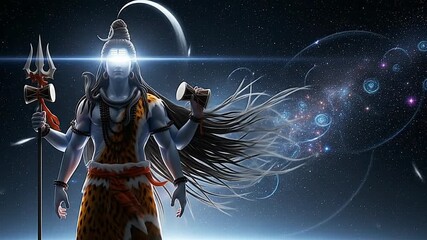 Hindu god Shiva with glowing third eye standing in cosmic space with trident