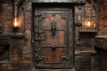 A weathered, metallic door set in a rustic brick wall with vintage lighting, creating a mysterious ambiance.