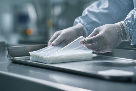 A lab worker meticulously handling sterile medical supplies in a cleanroom environment