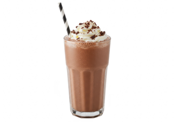 A tall glass of chocolate milkshake topped with whipped cream and chocolate shavings, with a striped straw, isolated isolated on transparent background