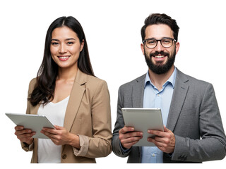 Smiling diverse business colleagues holding tablets and looking at the camera isolated on transparent background
