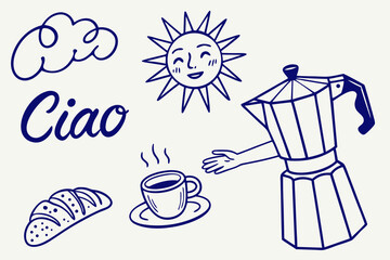 Italian style vacation hand drawn vector illustrations in grunge chalk charcoal rough doodle sketch style. Ink simple food coffee and lettering elements. Drawings for poster, placard or menu print.