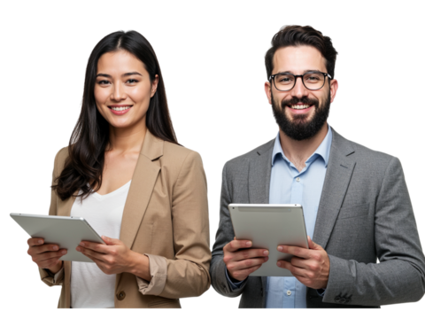 Smiling diverse business colleagues holding tablets and looking at the camera isolated on transparent background