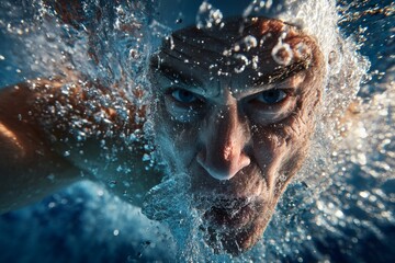 Intense underwater portrait of a man with focused eyes and water around him.