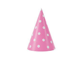 A pink polka dot party hat standing upright on a transparent background