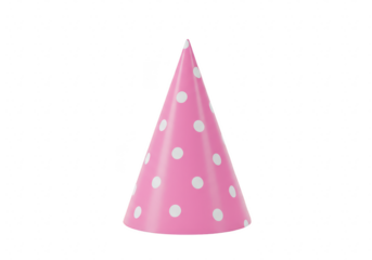 A pink polka dot party hat standing upright on a transparent background