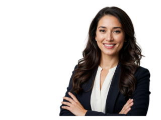 Confident businesswoman smiling with arms crossed wearing a dark blazer and white blouse isolated on transparent background