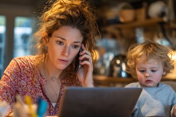 A mother works from home, managing work and childcare with a phone call.