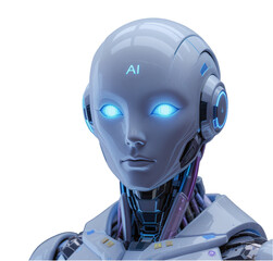 Close up of a futuristic robot with glowing blue eyes and ai displayed on its forehead design concept