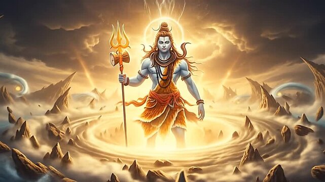Lord Shiva standing in a fiery circle with a trident, surrounded by mountains and a radiant aura, symbolizing power and spirituality in a dramatic Hindu