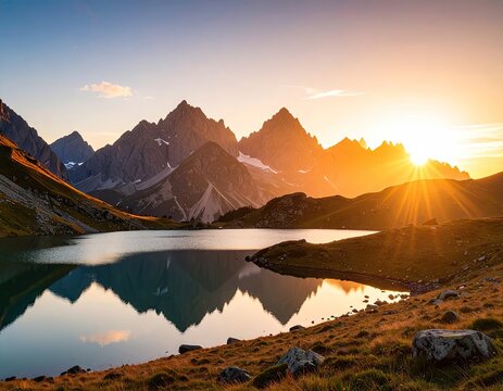 Majestic mountain lake at sunset