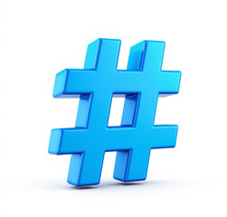 A bright blue hashtag symbol standing upright on a white surface casting a soft shadow below it