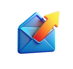 A blue envelope with an orange arrow pointing upwards coming out of it on a white background