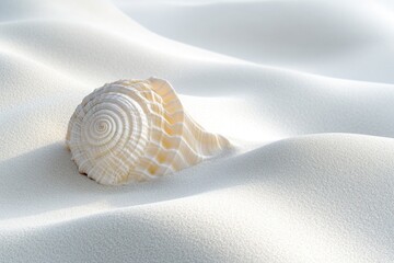 A spiral seashell rests gently on pristine white sand, bathed in soft sunlight.