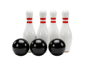 Four white bowling pins with red stripes and three black bowling balls, prepared for play isolated on transparent background