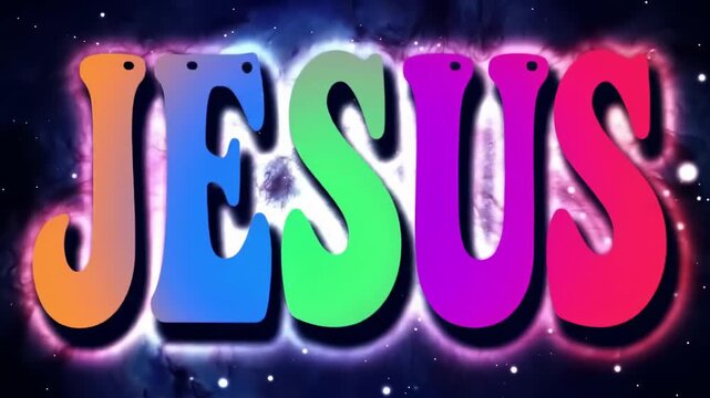 Colorful word JESUS on a starry, nebula-like background