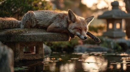 Fox Sleeping Peacefully on Stone Platform by a Pond