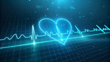 Abstract glowing teal heart rate monitor EKG graphic; digital healthcare technology concept.