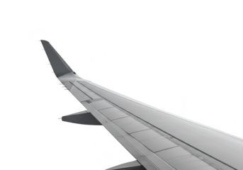 The wing of an airplane against a clear sky, symbolizing travel and adventure isolated on transparent background