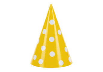 A bright yellow party hat with white polka dots, isolated on a transparent background
