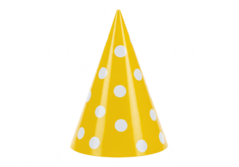 A bright yellow party hat with white polka dots, isolated on a transparent background