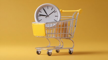 Shopping cart with clock on yellow background