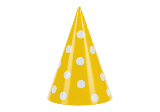 A bright yellow party hat with white polka dots, isolated on a transparent background