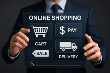 Online shopping innovation connects clients with direct order and delivery through secure network in cyberspace using laptop for commerce marketing finance and banking