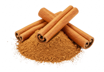 Cinnamon sticks and a pile of cinnamon powder, isolated on a transparent background