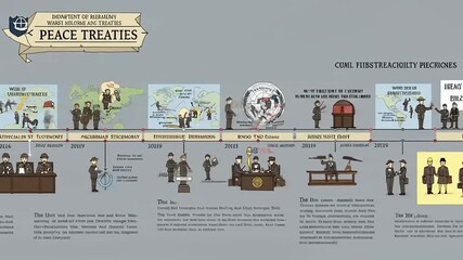 Illustrated timeline of significant peace treaties showcasing historical events and locations
