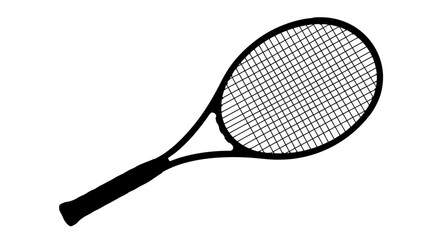 A black and white illustration of a tennis racket, isolated on a white background.
