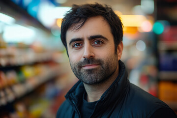 Fototapeta premium Generative AI image of confident supermarket store worker standing in front of shelves with groceries and packaged food products