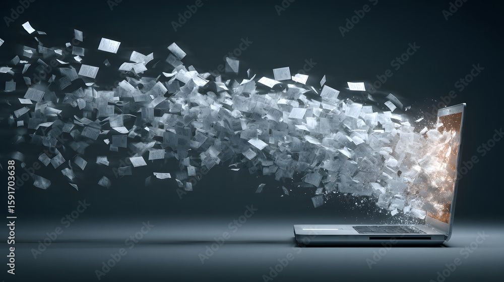 Poster laptop screen shows a file transfer with many files flying out of the screen. concept of technology 