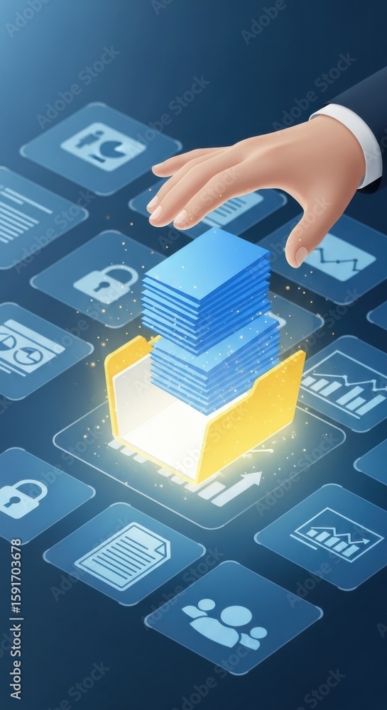 Aufkleber hand reaching for glowing digital data files in a folder with technology icons information