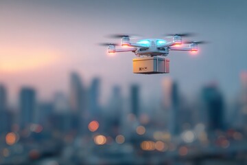 Drone delivering package over city