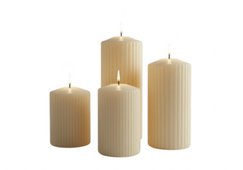Four ribbed pillar candles in a warm cream color are lit and arranged on a transparent background
