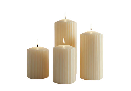 Four ribbed pillar candles in a warm cream color are lit and arranged on a transparent background - Powered by Adobe