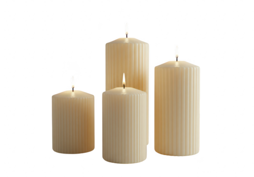 Four ribbed pillar candles in a warm cream color are lit and arranged on a transparent background