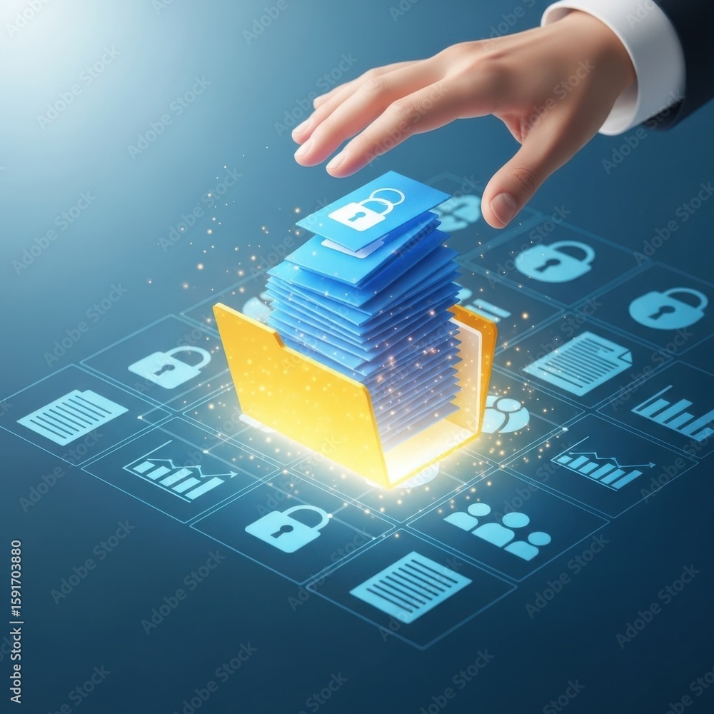 Poster hand reaching for stack of blue documents with lock icons in yellow folder on digital grid technolog
