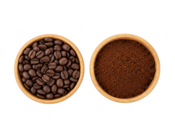 Two wooden bowls, one filled with whole roasted coffee beans and the other with finely ground coffee, are presented sidebyside on a transparent background