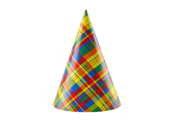 A vibrant striped party hat isolated on a clean transparent background